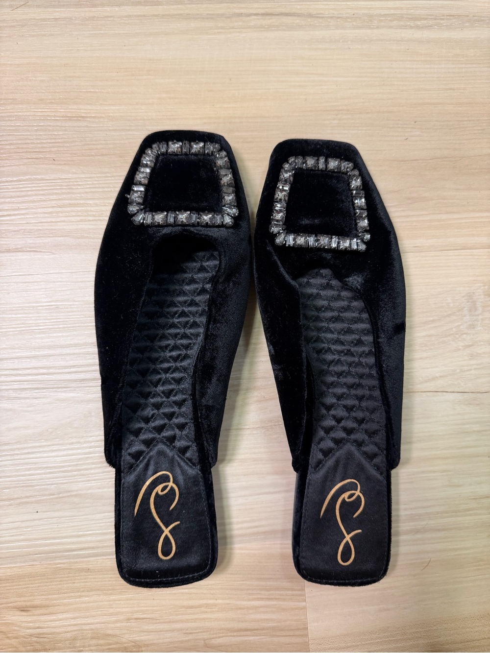 Sam Edelman Lavina Black Velvet Crystal Buckle Mules Slides Size 9.5